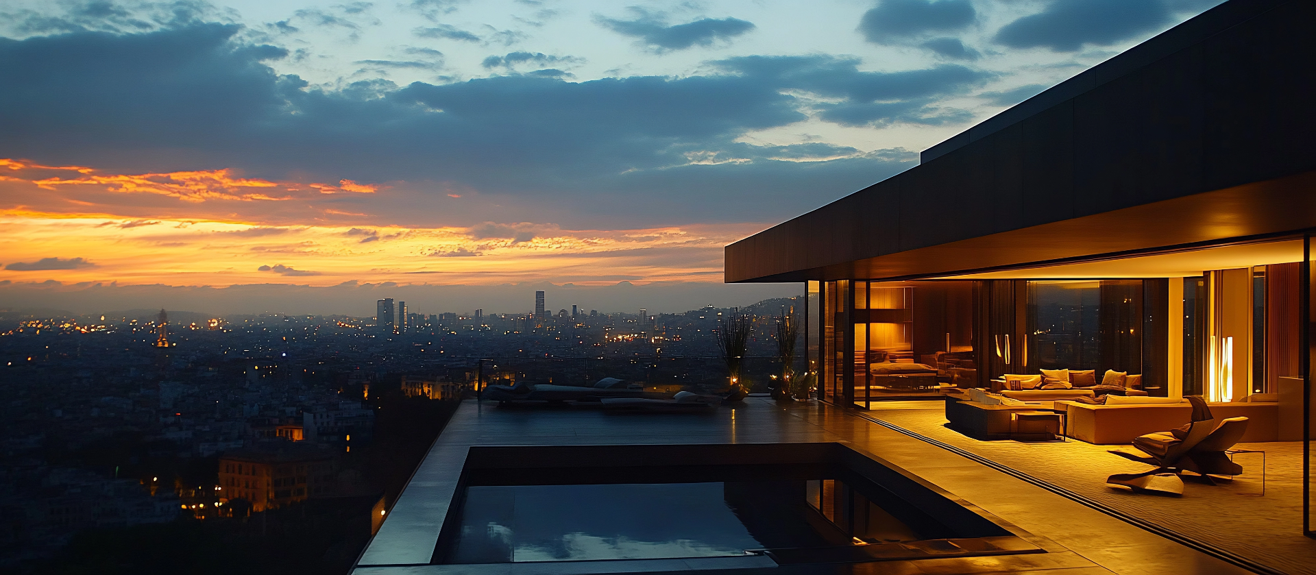 Cobertura de alto padrão com vista panorâmica da cidade ao entardecer.
